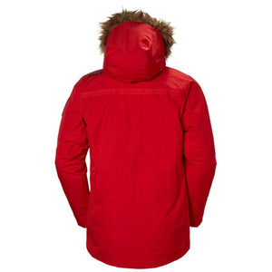 Back view of a red Helly Hansen parka with a faux fur trimmed hood