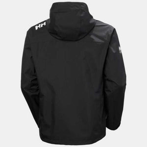 Back view of black Helly Hansen hooded rain jacket with white HH logo on shoulder
