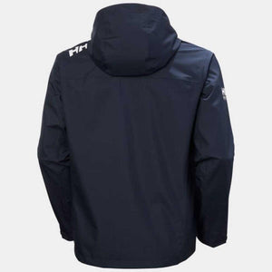 Back view of navy Helly Hansen hooded jacket with white logo on shoulder