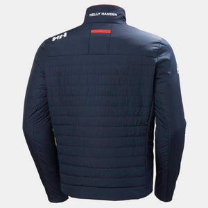 Back view of navy Helly Hansen quilted jacket with brand logos