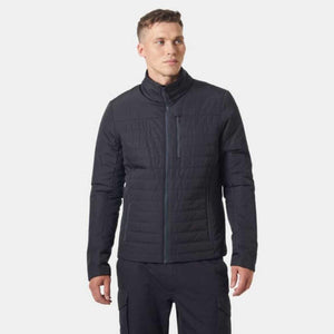 Man wearing a black Helly Hansen insulated jacket with a zip front and chest pocket
