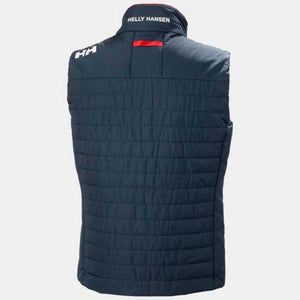 Back view of navy Helly Hansen quilted vest with white logo on shoulder and collar
