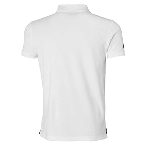 Back view of a white Helly Hansen polo shirt with short sleeves