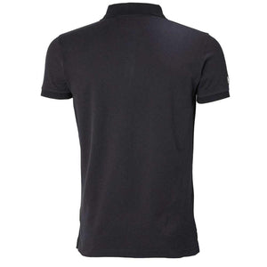 Back view of a black Helly Hansen polo shirt