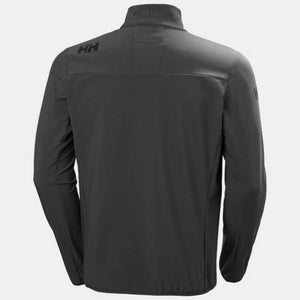 Back view of a grey Helly Hansen softshell jacket with HH logo