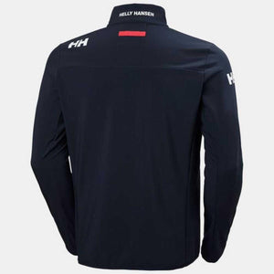 Back view of navy Helly Hansen softshell jacket with white branding