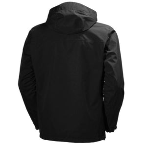 Back view of a black Helly Hansen hooded rain jacket