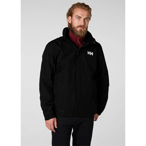 Man wearing a black Helly Hansen rain jacket with HH logo