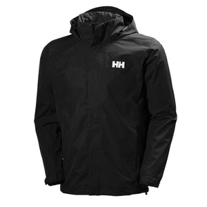 Helly Hansen black hooded rain jacket with HH logo on chest