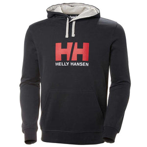 Helly Hansen black hooded sweatshirt with red HH logo and white text on chest