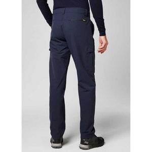 Rear view of Helly Hansen navy cargo pants with side pockets and zippered back pocket