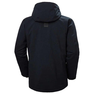 Back view of a black Helly Hansen hooded jacket with a small HH logo on the neck