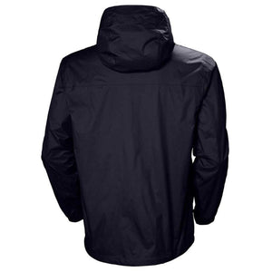 Back view of a black Helly Hansen hooded rain jacket