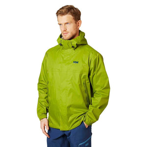 Man wearing a lime green Helly Hansen hooded rain jacket
