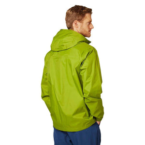 Man wearing a lime green Helly Hansen hooded rain jacket from the back
