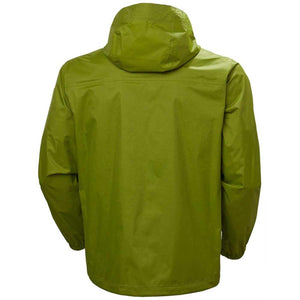 Back view of a green Helly Hansen hooded rain jacket