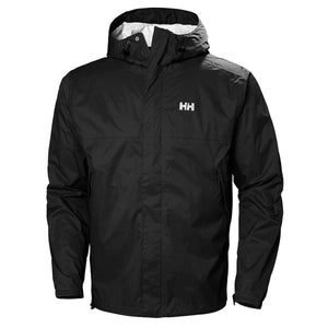 Helly Hansen black hooded rain jacket with front zipper and HH logo