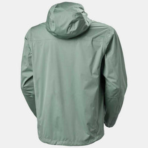 Back view of a sage green Helly Hansen hooded rain jacket