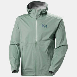 Helly Hansen sage green hooded rain jacket with front zipper and HH logo