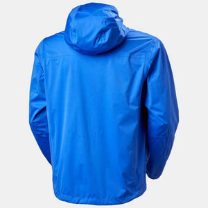 Back view of a blue Helly Hansen hooded rain jacket