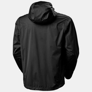 Back view of a black Helly Hansen hooded rain jacket