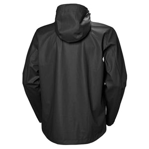 Back view of a black Helly Hansen hooded rain jacket