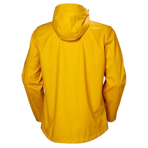 Back view of a yellow Helly Hansen hooded rain jacket