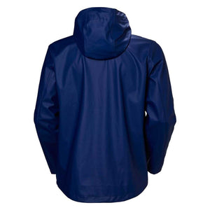 Back view of a navy blue Helly Hansen hooded rain jacket