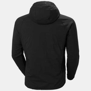 Back view of a black Helly Hansen hooded jacket