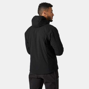 Man wearing a black Helly Hansen hooded jacket from the back