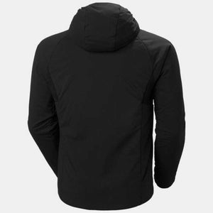 Back view of a black Helly Hansen hooded jacket