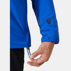 Helly Hansen blue jacket sleeve with Odin logo and adjustable hem cord