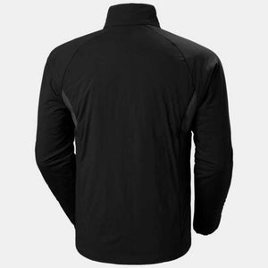 Back view of a black Helly Hansen jacket with a high collar
