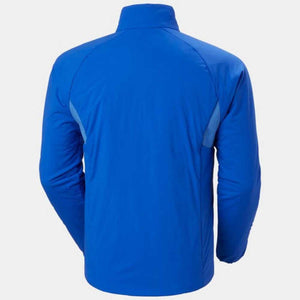 Back view of a blue Helly Hansen softshell jacket