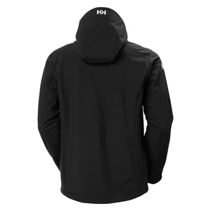 Back view of a black Helly Hansen hooded softshell jacket