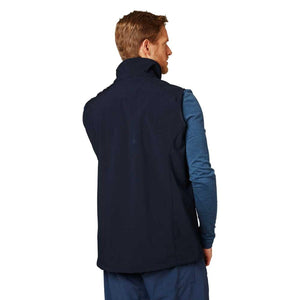 Man wearing a navy blue Helly Hansen softshell vest from the back
