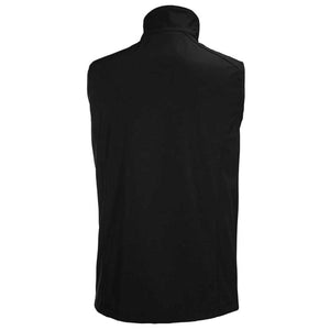 Back view of a black sleeveless softshell vest with a high collar