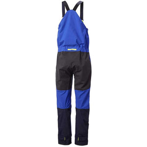 Helly Hansen blue and black waterproof sailing bib trousers seen from the back
