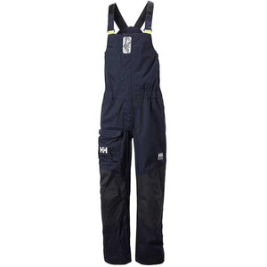 Helly Hansen navy blue waterproof bib overalls with reinforced knees and cargo pocket