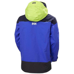 Back view of Helly Hansen blue and lime green hooded jacket with HH logo