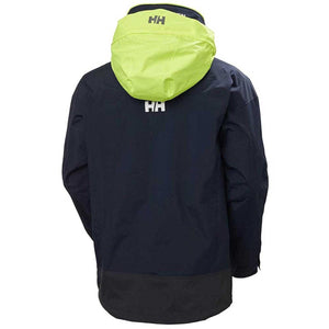 Helly Hansen navy blue sailing jacket with high visibility yellow hood and HH logo on back