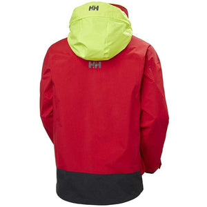 Back view of a red Helly Hansen jacket with a high visibility yellow hood and HH logo