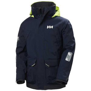 Helly Hansen navy blue sailing jacket with high collar and neon yellow hood