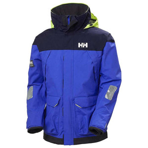 Helly Hansen blue and black hooded waterproof jacket with HH logo