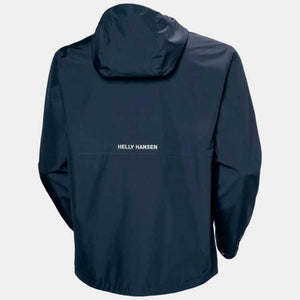 Back view of a navy blue Helly Hansen hooded rain jacket