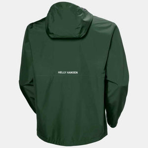Back view of a dark green Helly Hansen hooded rain jacket