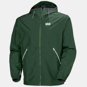 Helly Hansen green hooded rain jacket with front zipper and HH logo