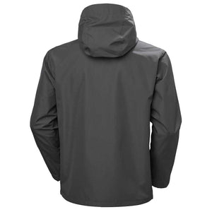 Back view of a grey Helly Hansen hooded rain jacket