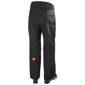 Back view of black Helly Hansen ski pants with orange logo patch