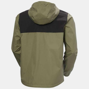 Back view of an olive green and black hooded rain jacket